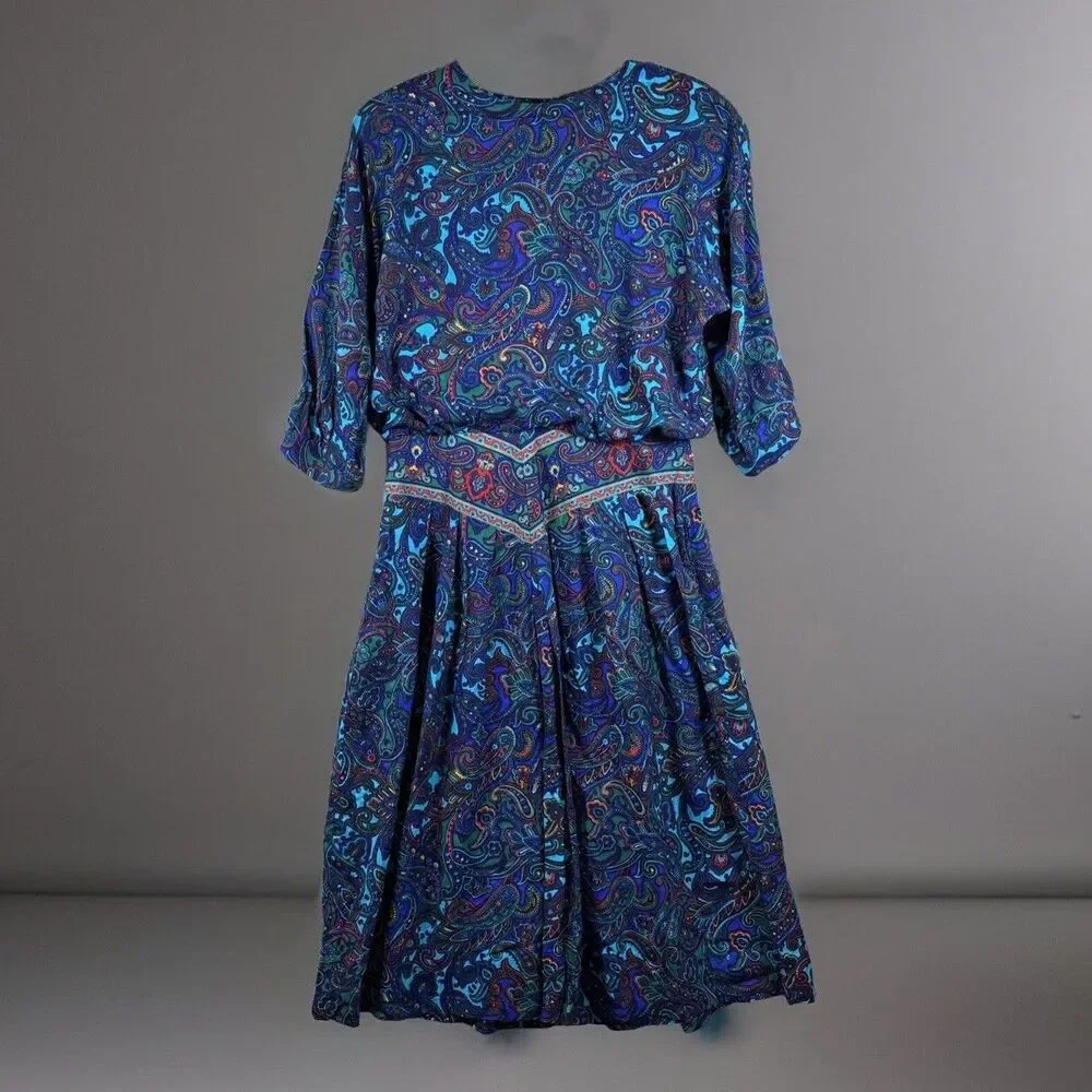 70s‎ Dress M/L Hippy Paisley Vintage Floral Boho Maxi Long Sleeve Blue Purple